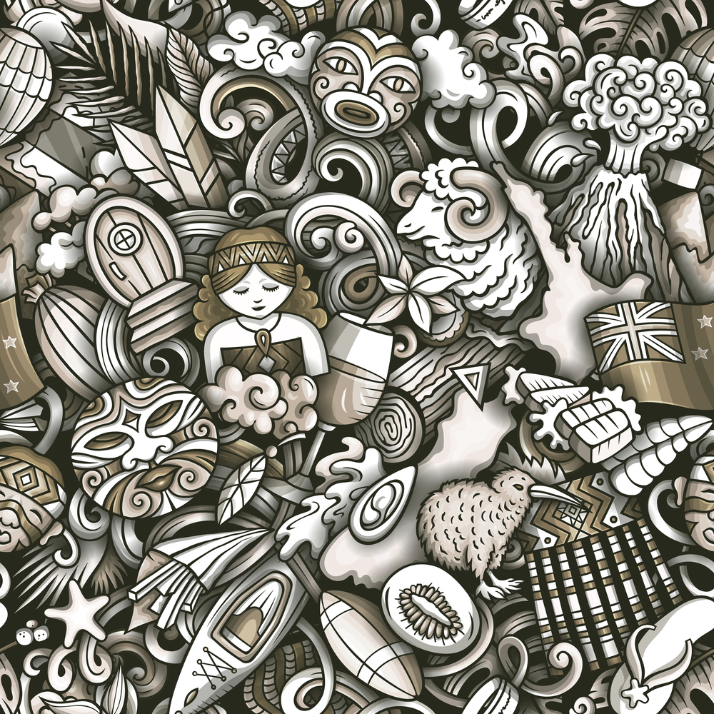 Cartoon doodles New Zealand seamless pattern. Backdrop with local culture symbols and items. Monochrome background for print on fabric, textile, greeting cards, scarves, wallpaper. Cartoon doodles New Zealand seamless pattern.