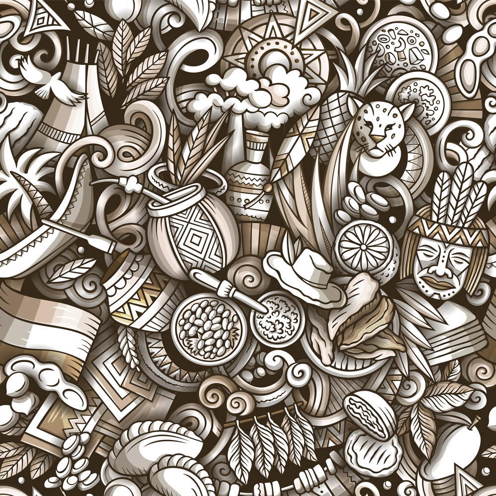 Cartoon doodles Paraguay seamless pattern. Backdrop with Latin American culture symbols and items. Monochrome background for print on fabric, textile, greeting cards, scarves, wallpaper. Cartoon doodles Paraguay seamless pattern.