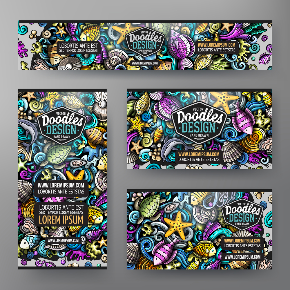 Cartoon vector doodle set of Sea Life corporate identity templates. Colorful funny banners, id cards, flayer for the use on branding, invitations, cards, apps, web design.. Cartoon vector doodle set of Sea Life corporate identity templates.