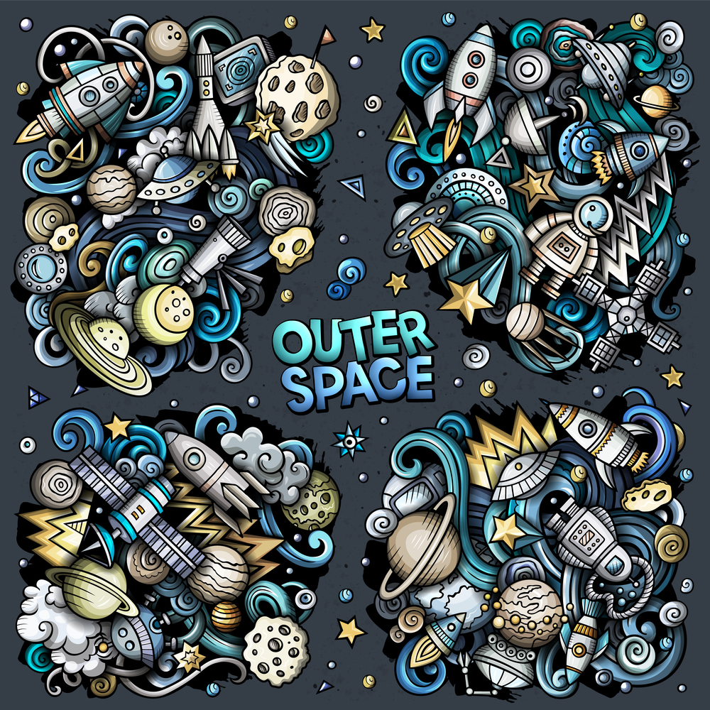 Outer Space cartoon vector doodle designs set. Colorful detailed compositions with lot of Cosmos objects and symbols. All items are separate. Outer Space cartoon vector doodle designs set.
