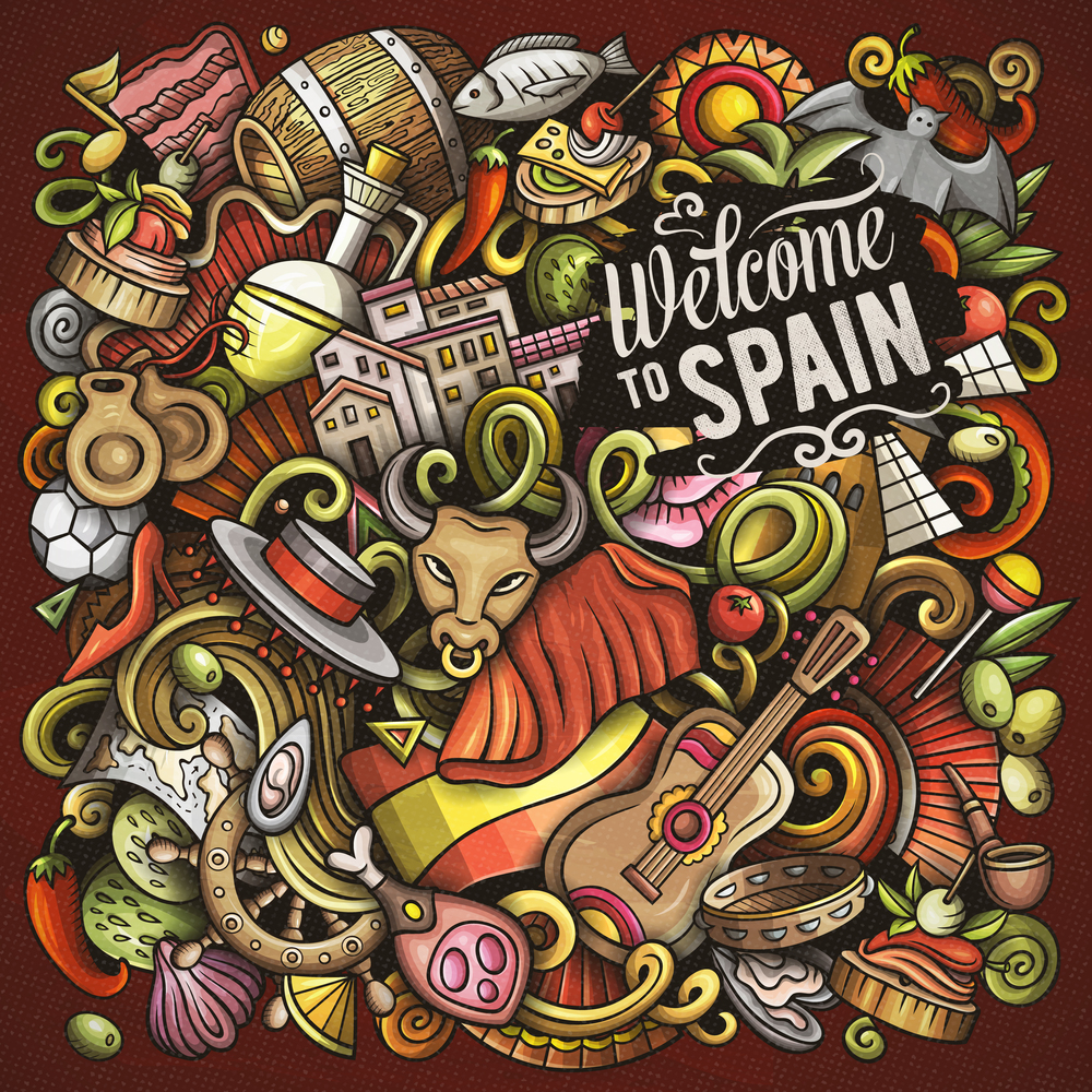 Spain cartoon vector doodles illustration. Spanish poster design. European elements and objects background. Bright colors funny picture. All items are separated. Spain cartoon vector doodles illustration.