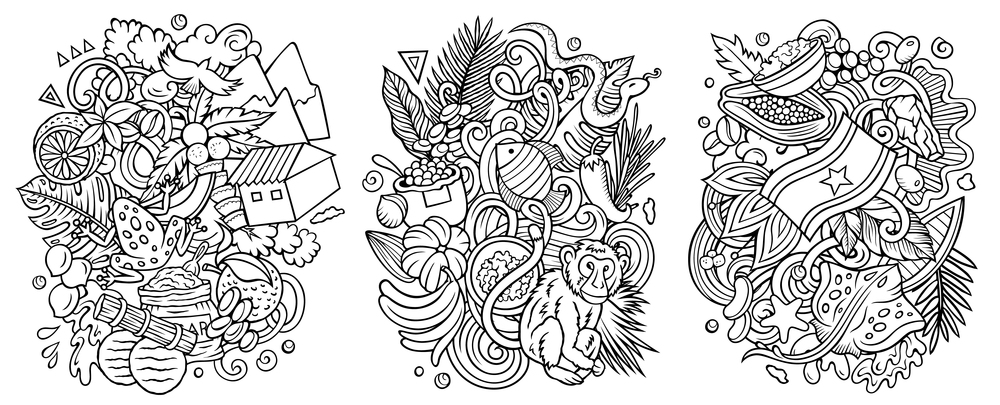 Suriname cartoon vector doodle designs set. Sketchy detailed compositions with lot of traditional symbols. Isolated on white illustrations. Suriname cartoon vector doodle designs set.