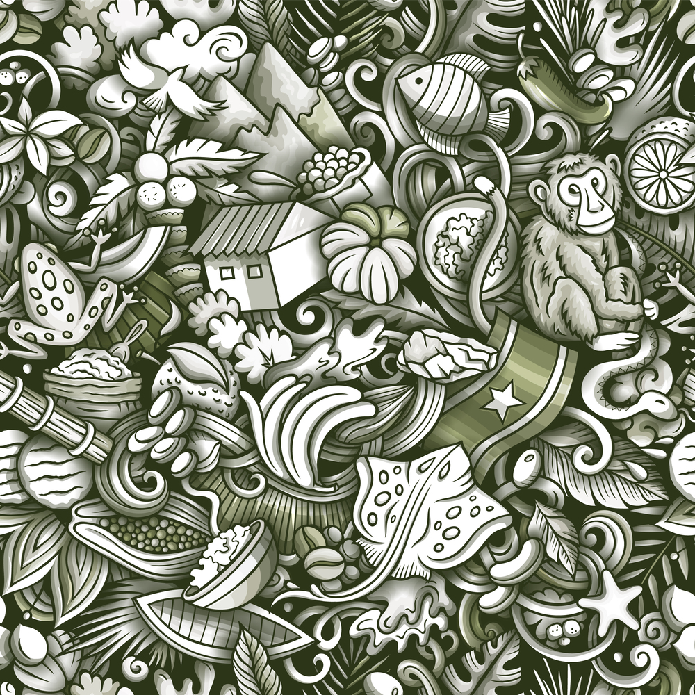 Cartoon doodles Suriname seamless pattern. Backdrop with Latin American culture symbols and items. Monochrome background for print on fabric, textile, greeting cards, scarves, wallpaper. Cartoon doodles Suriname seamless pattern.