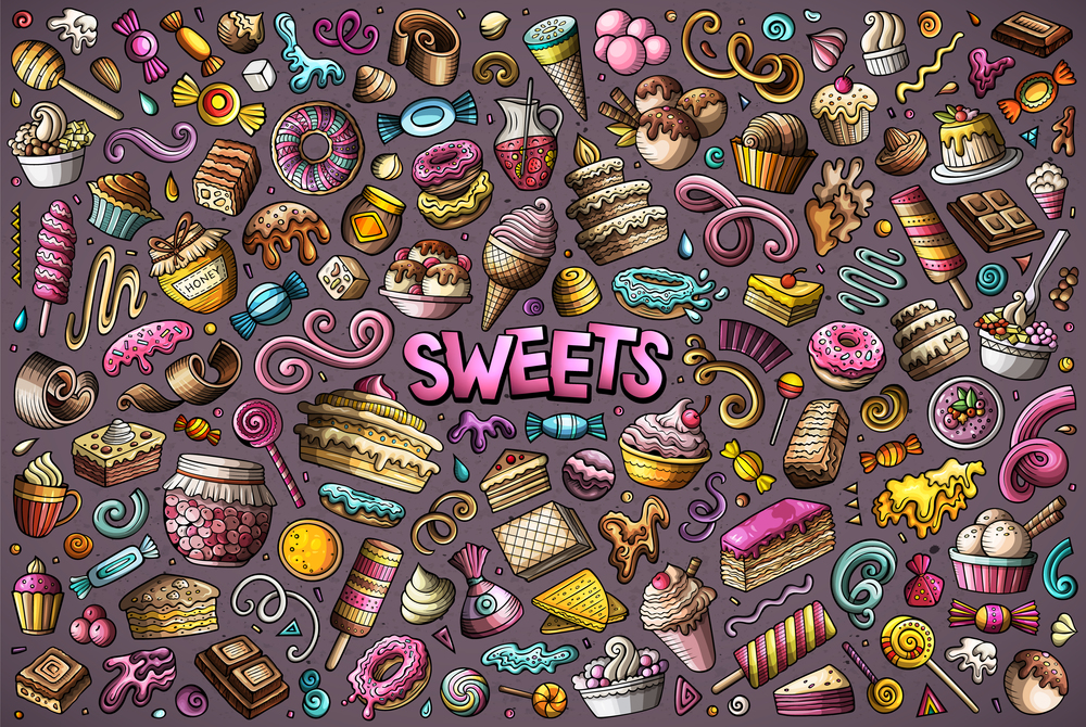 Colorful vector hand drawn doodle cartoon set of Sweets theme items, objects and symbols. Cartoon set of Sweets theme items, objects and symbols