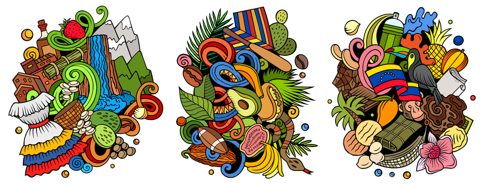 Venezuela cartoon vector doodle designs set. Colorful detailed compositions with lot of traditional symbols. Isolated on white illustrations. Venezuela cartoon vector doodle designs set.