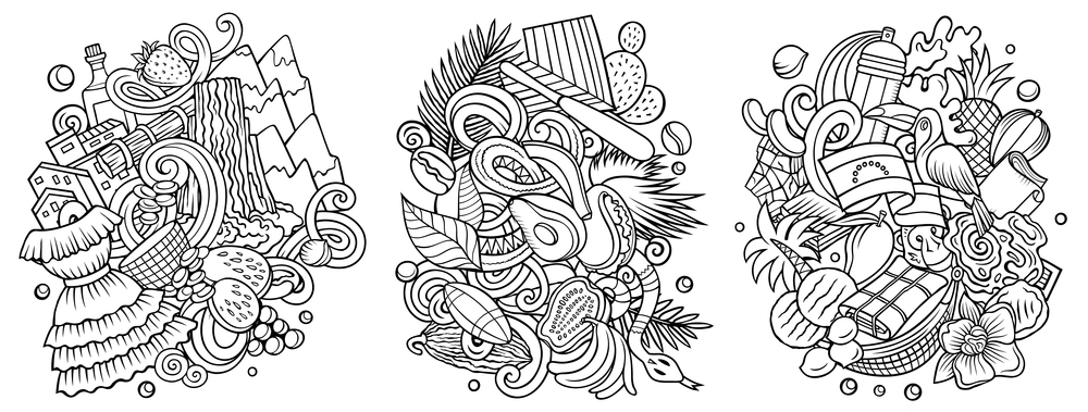 Venezuela cartoon vector doodle designs set. Sketchy detailed compositions with lot of traditional symbols. Isolated on white illustrations. Venezuela cartoon vector doodle designs set.