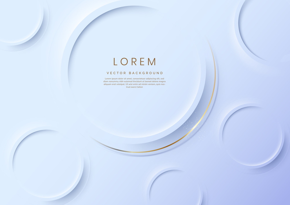 Abstract 3d circles light blue background with gold lines curved wavy sparkle with copy space for text. Luxury style template design. Vector illustration