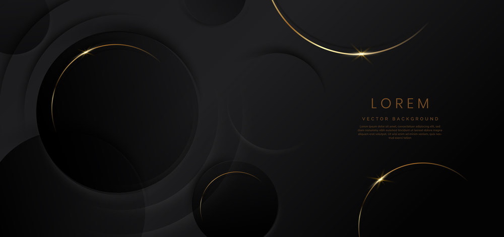 Abstract 3d black circles layer background with gold lines curved  sparkle with copy space for text. Luxury style template design. Vector illustration