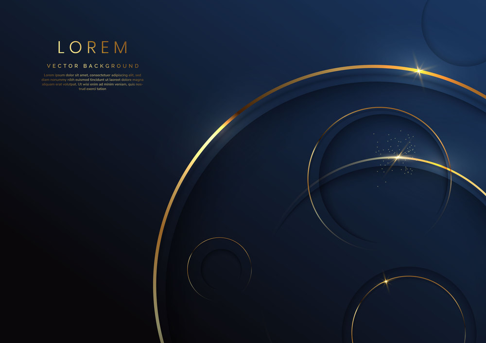 Abstract 3d dark blue circles layer background with gold lines curved  sparkle with copy space for text. Luxury style template design. Vector illustration