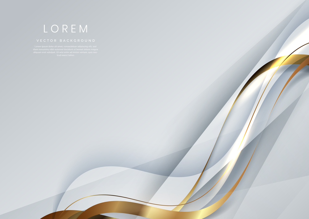 Abstract 3d white and gold curved ribbon on light blue background with lighting effect and sparkle with copy space for text. Luxury design style. Vector illustration