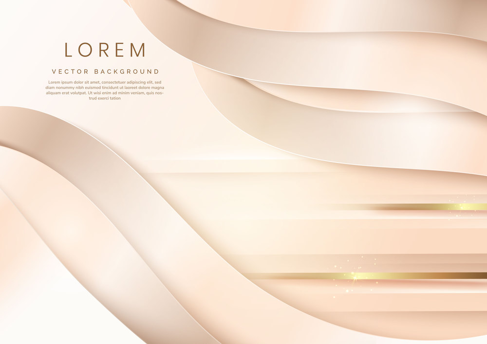 Abstract 3d template curved soft gold layered background with gold lines sparking with copy space for text. Luxury style. Vector illustration
