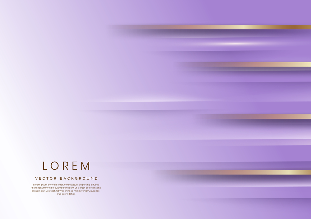 Abstract 3d luxury white and soft purple elegant geometric horizontal overlay layer background with golden lines. You can use for ad, poster, template, business presentation. Vector illustration