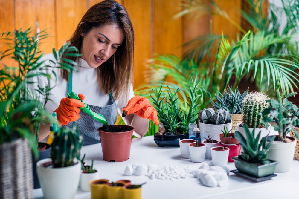 Woman Planting Seeds in Pot at Home