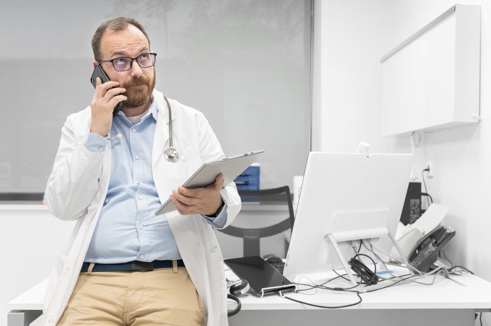 Thoughtful male doctor using digital tablet thinking of medical problem solution. High quality photography. Thoughtful male doctor using digital tablet thinking of medical problem solution.