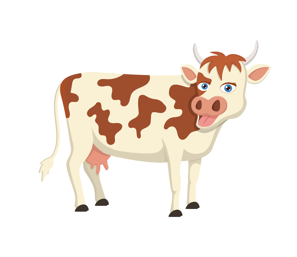 Cartoon cow. Cute animal with udder for milk. Happy character in farm. Funny cow say moo. Isolated on white background. Cartoon icon of cattle. Young livestock for farming. Toy of baby. Vector.