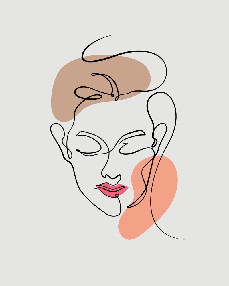 woman face line art flourish vector illustration with boho abstract color shape for decoration