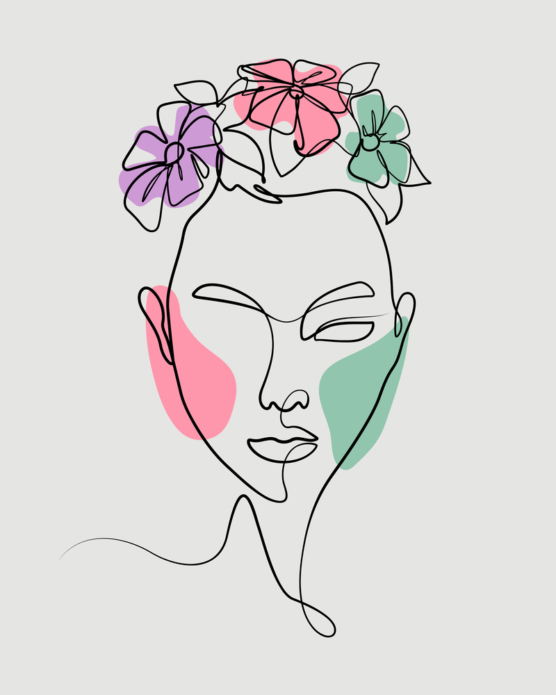 abstract woman face poster decorate with floral adornment flourish line art vector illustration