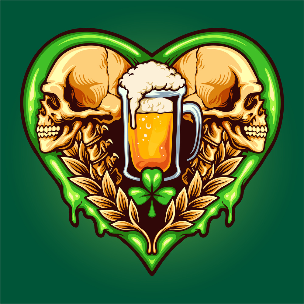 Beer skull heart with clover leaf vector illustrations for your work logo, merchandise t-shirt, stickers and label designs, poster, greeting cards advertising business company or brands