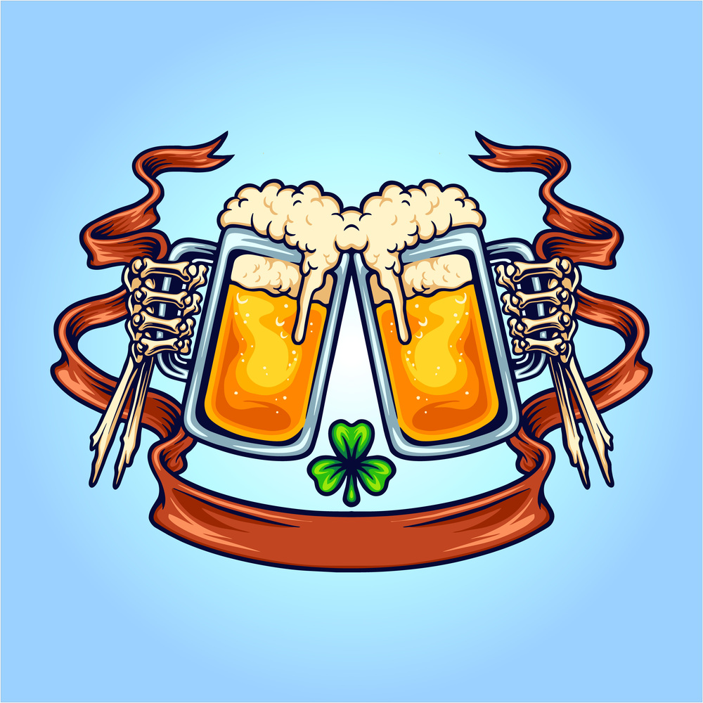 Bones beer cheers with clover leaf ribbon vector illustrations for your work logo, merchandise t-shirt, stickers and label designs, poster, greeting cards advertising business company or brands