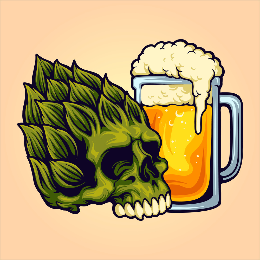 Floral skull head with beer glass vector illustrations for your work logo, merchandise t-shirt, stickers and label designs, poster, greeting cards advertising business company or brands