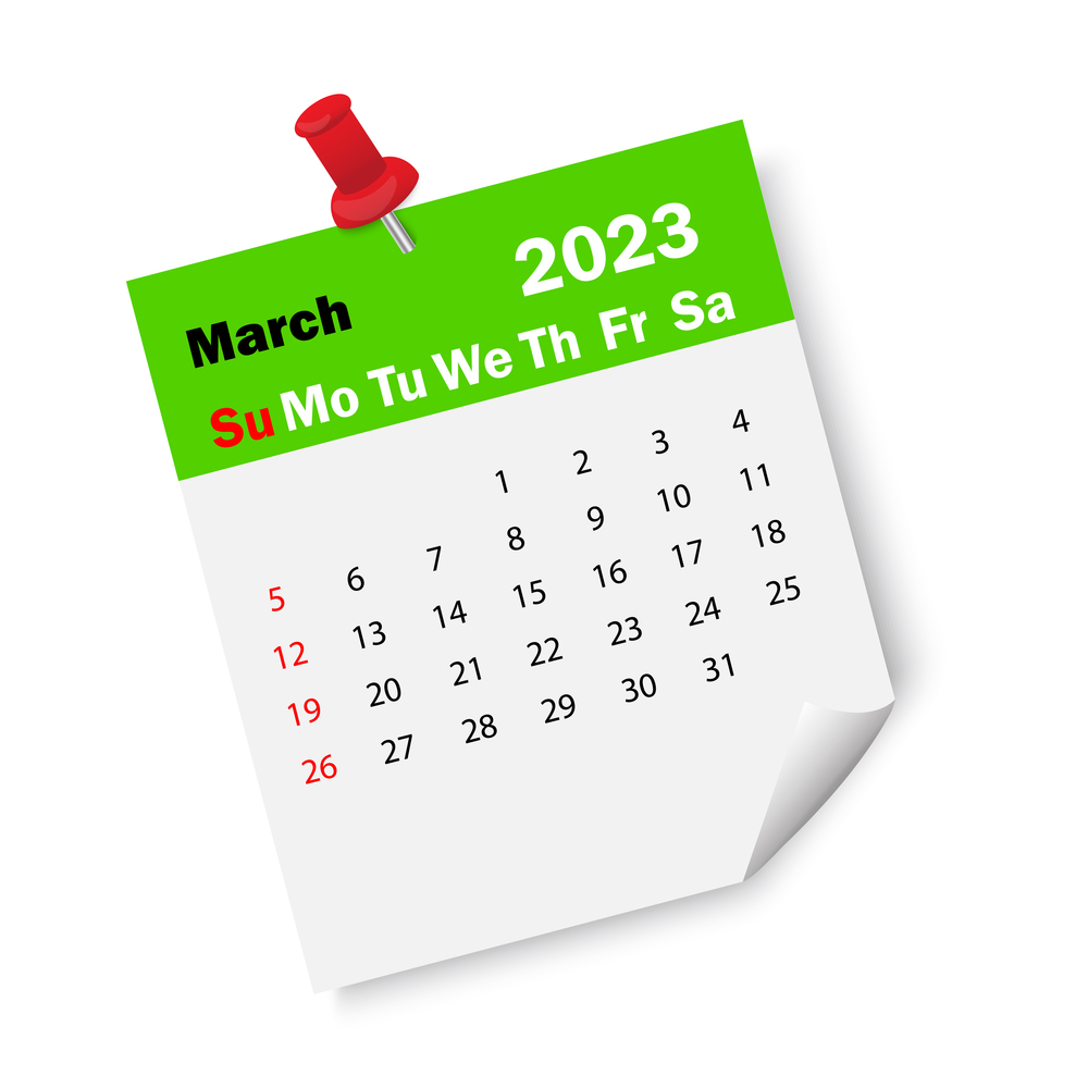 Green calendar march 2023 with pin. Calendar reminder 2023. Business plan schedule. Vector illustration. stock image. EPS 10.. Green calendar march 2023 with pin. Calendar reminder 2023. Business plan schedule. Vector illustration. stock image. E