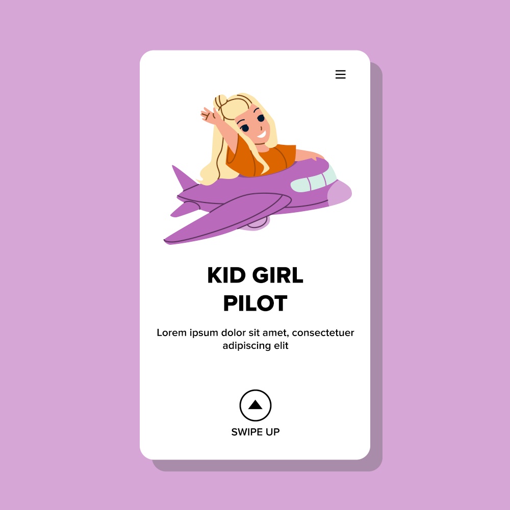 Kid Girl Pilot Play On Playground Aircraft Vector. Child Girl Pilot Playing In Airplane, Amusement Park Attraction. Character Weekend Activity And Enjoyment Web Flat Cartoon Illustration. Kid Girl Pilot Play On Playground Aircraft Vector