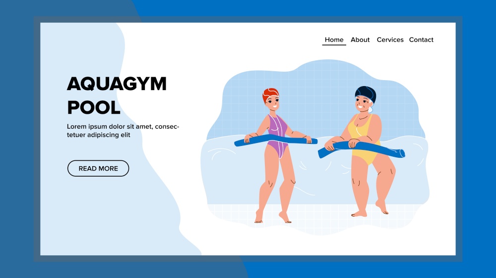 Aquagym Pool For Training Body And Wellness Vector. Young And Elderly Women Fitness Exercising In Aquagym Pool. Characters Sport And Recreation Activity Web Flat Cartoon Illustration. Aquagym Pool For Training Body And Wellness Vector