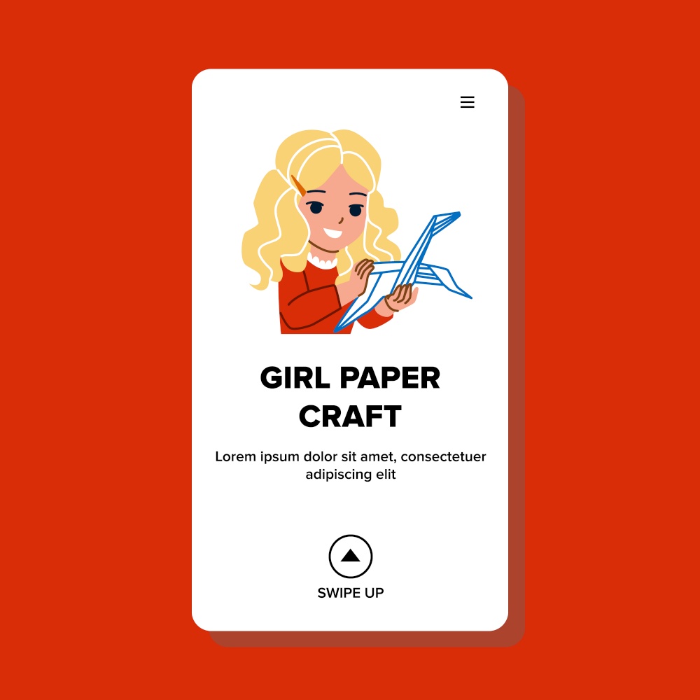 Girl Paper Craft In Kindergarten Classroom Vector. Preschooler Girl Paper Craft On Education Lesson And Making Crane Origami. Character Creative Occupation Web Flat Cartoon Illustration. Girl Paper Craft In Kindergarten Classroom Vector