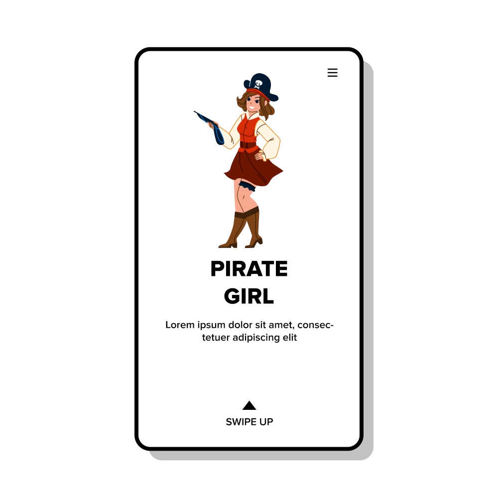 Pirate Girl On Halloween Festival Party Vector. Young Pirate Girl Wearing Hat With Skull And Bones, Holding Vintage Weapon Gun. Character In Carnival Costume Web Flat Cartoon Illustration. Pirate Girl On Halloween Festival Party Vector