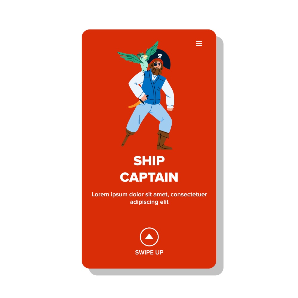 Ship Captain Man With Parrot On Shoulder Vector. Ship Captain Bearded Guy With Wooden Leg Wearing Pirate Costume And Hat Holding Sword. Character Boat Driver Web Flat Cartoon Illustration. Ship Captain Man With Parrot On Shoulder Vector