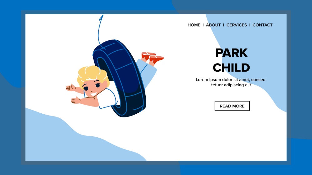 Child Boy Playing On Bungee Park Attraction Vector. Happiness Preschooler Swinging On Park Swing Wheel. Character Recreational Time On Playground Outside Web Flat Cartoon Illustration. Child Boy Playing On Bungee Park Attraction Vector