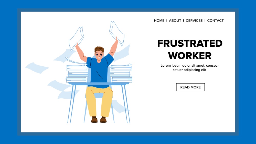Frustrated Worker Hard Working In Office Vector. Frustrated Worker Man With Stress Searching Document Paper On Workplace. Character Overworking With Nervous Web Flat Cartoon Illustration. Frustrated Worker Hard Working In Office Vector