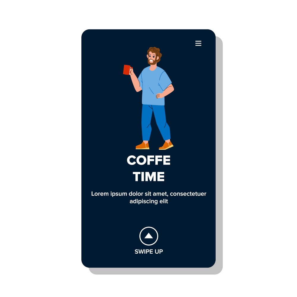 Coffee Time Enjoying Young Man Manager Vector. Coffee Time Enjoy Boy, Guy Drinking Energy Beverage, Businessman Holding Cup With Drink. Character Manager Web Flat Cartoon Illustration. Coffee Time Enjoying Young Man Manager Vector