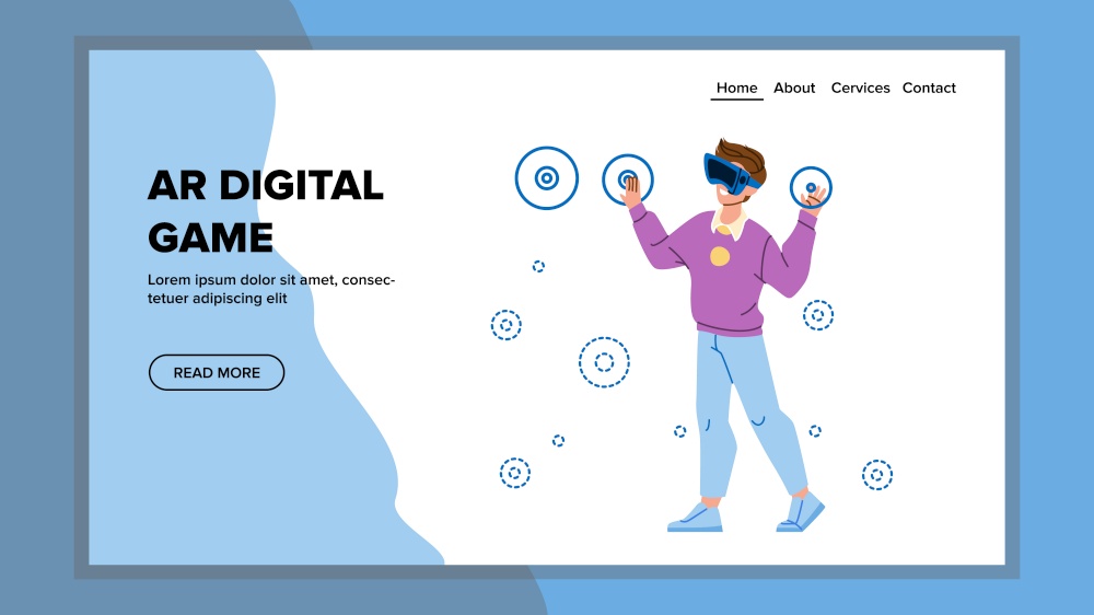 Ar Digital Game Playing Young Man Gamer Vector. Boy Player Play Ar Digital Game With Virtual Reality Glasses, Electronic Device For Enjoying Simulation. Character Web Flat Cartoon Illustration. Ar Digital Game Playing Young Man Gamer Vector