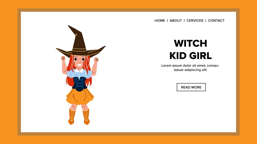 Witch Kid Girl Celebrate Halloween Holiday Vector. Witch Kid Girl In Attractive Festival Costume Celebrating On Mystic Child Party. Character Schoolgirl In Carnival Suit Web Flat Cartoon Illustration. Witch Kid Girl Celebrate Halloween Holiday Vector