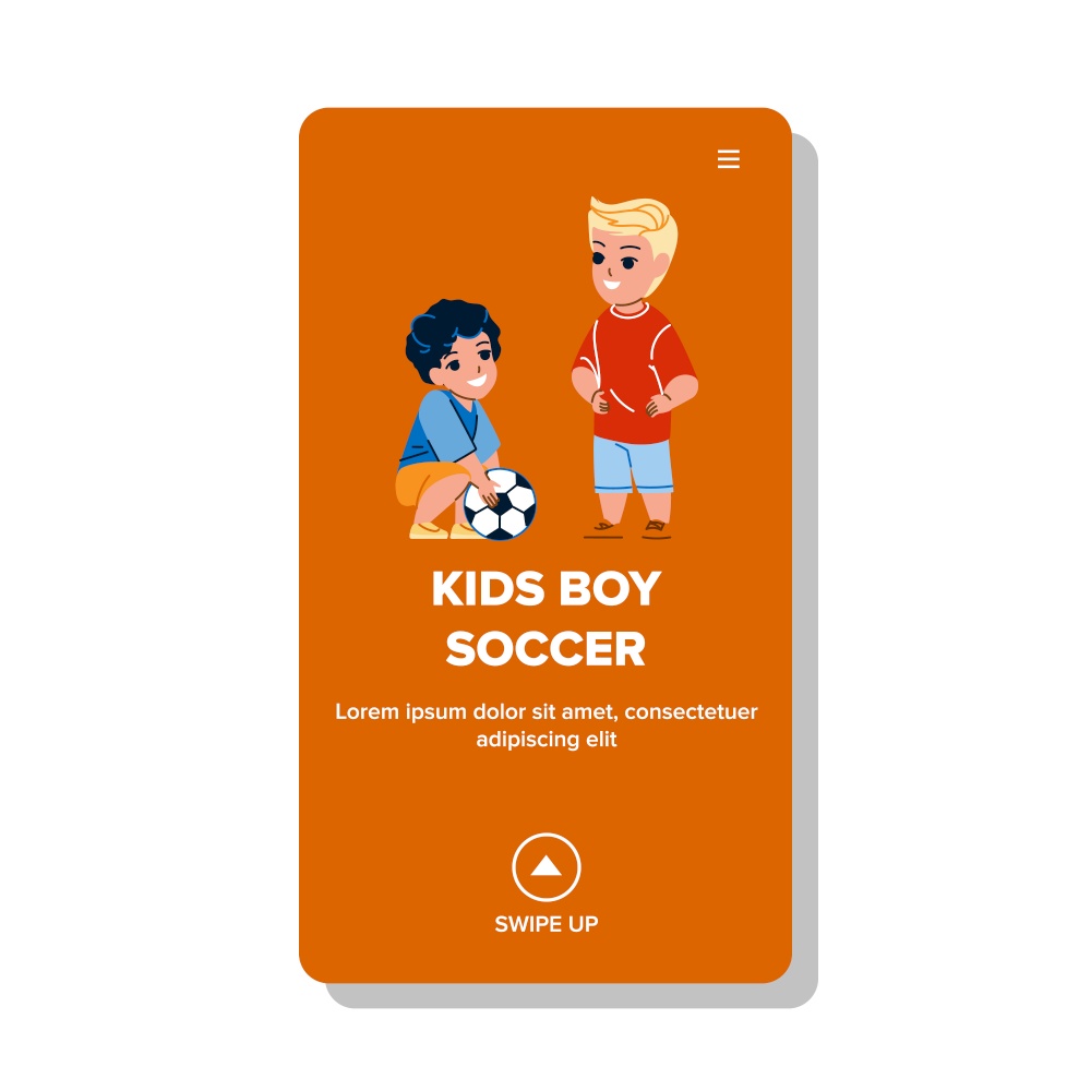 Kids Boy Soccer Playing On Stadium Field Vector. Kids Boy Soccer Play On Playground, Training Sport Together. Characters Sportive Activity, Football Game Web Flat Cartoon Illustration. Kids Boy Soccer Playing On Stadium Field Vector
