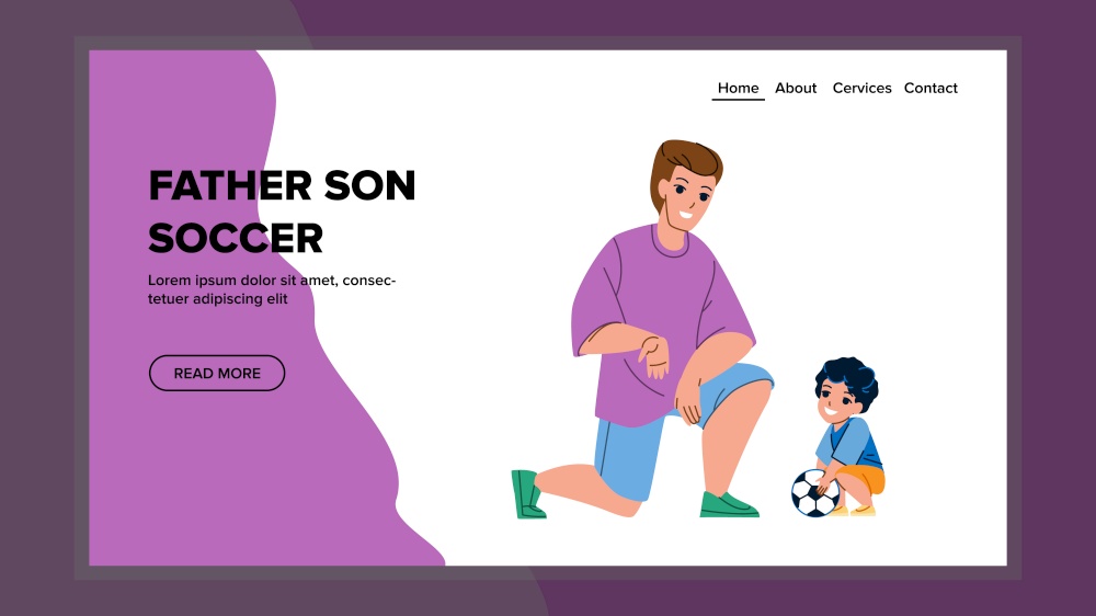 Father Explain Soccer Sport Game Rules Son Vector. Parent Man Coaching Son Child Football On Stadium Or Playground. Characters Sportive Activity And Exercising Web Flat Cartoon Illustration. Father Explain Soccer Sport Game Rules Son Vector