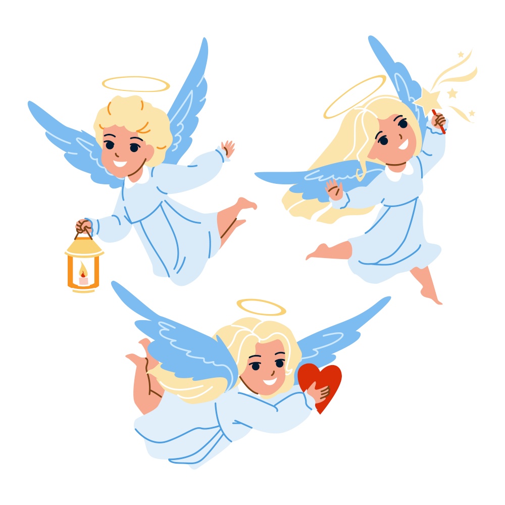 Babies Angel With Wings Flying Together Vector. Boy And Girl Infant Angel With Heart, Magic Stick In Star Shape And Burning Candle Fly Togetherness. Characters Cute Kids Flat Cartoon Illustration. Babies Angel With Wings Flying Together Vector