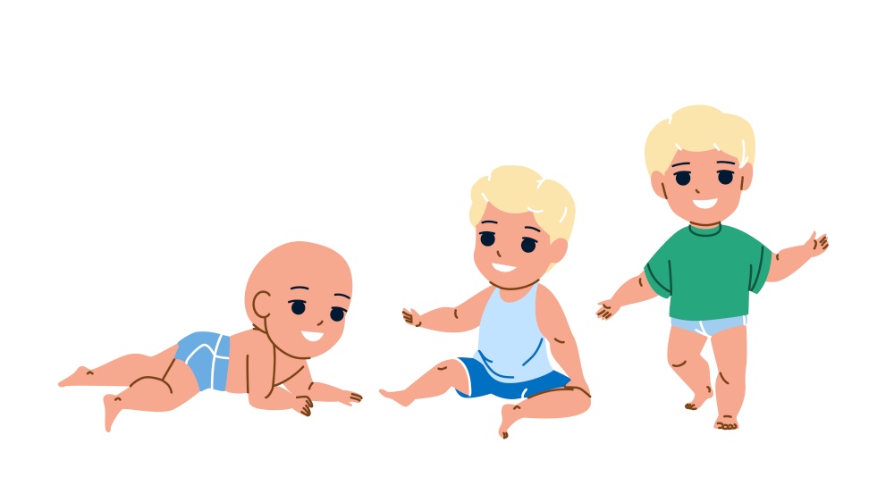 Baby Boy Growing To Schoolboy Maturity Vector. Toddler Baby Boy Grow To Preschooler, Infant Life, Transition And Development. Character Child In Diaper And Cute Clothes Flat Cartoon Illustration. Baby Boy Growing To Schoolboy Maturity Vector