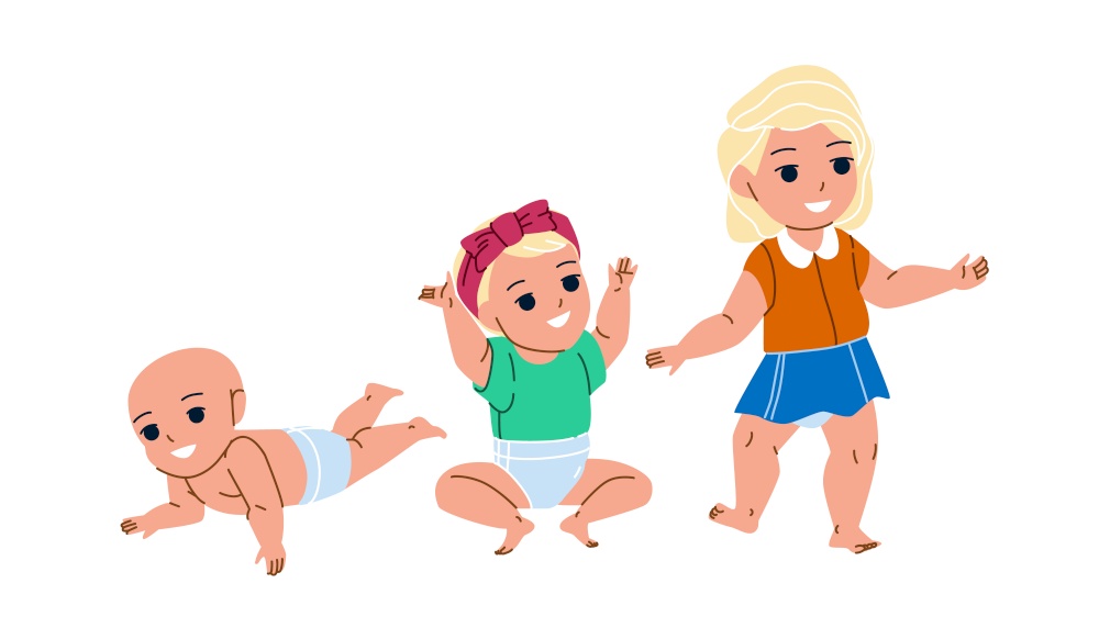 Baby Girl Growing To Schoolgirl Maturity Vector. Toddler Baby Girl Grow To Preschooler, Infant Life And Development. Character Child In Diaper And Cute Clothes Flat Cartoon Illustration. Baby Girl Growing To Schoolgirl Maturity Vector