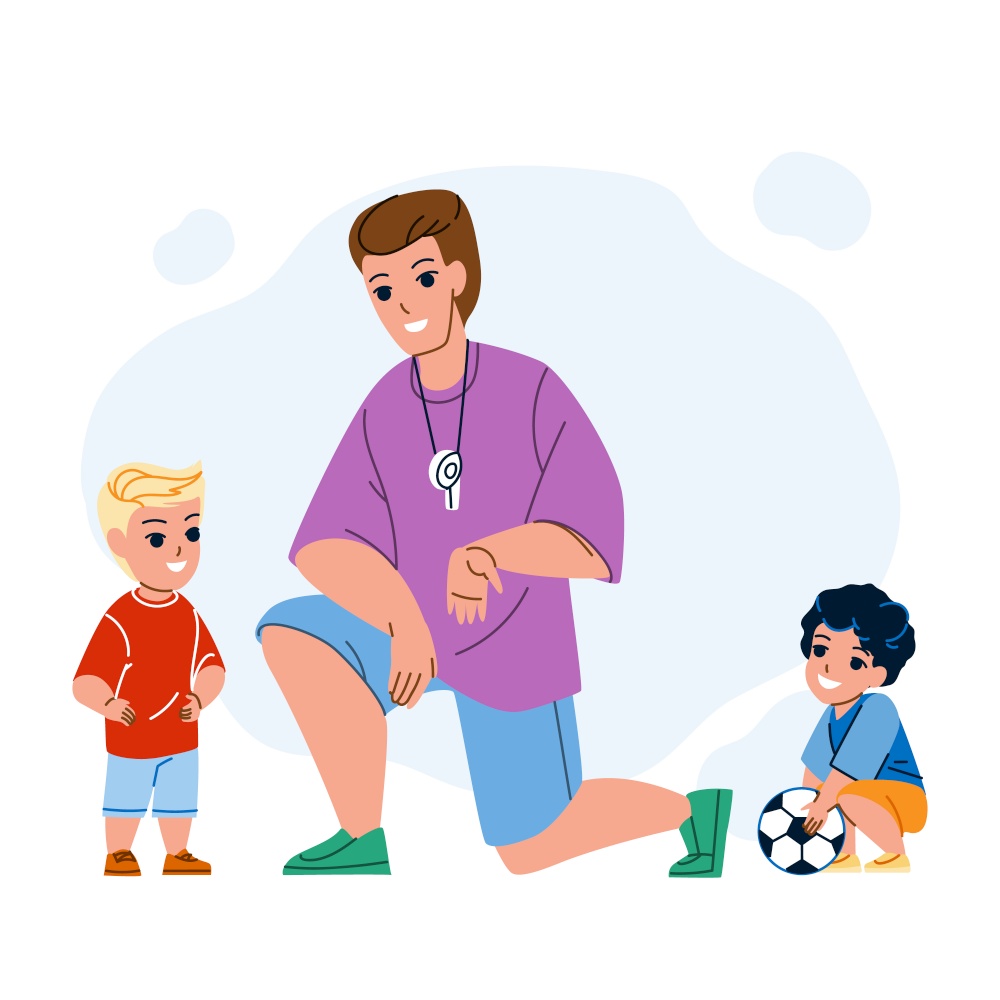 Soccer Coach Training Children On Stadium Vector. Man Soccer Coach Explain Rules Of Sport Game And Study Kids On Football Playground. Characters Sportive Activity Flat Cartoon Illustration. Soccer Coach Training Children On Stadium Vector