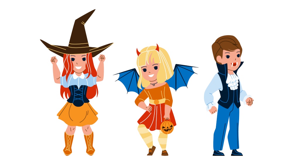 Children Wearing Halloween Festival Costume Vector. Boy In Dracula Suit, Girl Wear Witch And Demon Halloween Festive Suit. Characters Celebrate Holiday Togetherness Flat Cartoon Illustration. Children Wearing Halloween Festival Costume Vector