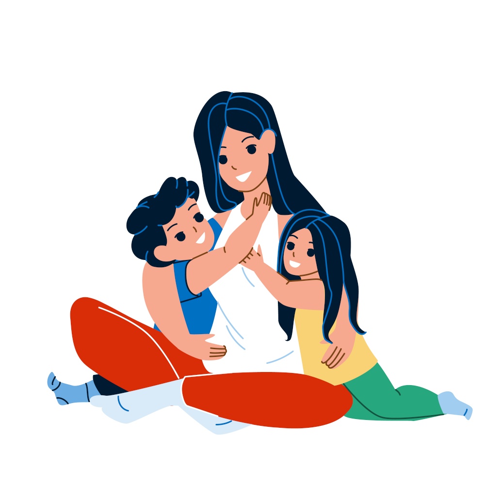Mother Hugging Kids Boy And Girl aT Home Vector. Young Woman Hugging Kids, Children Son And Daughter Sitting On Floor And Playing Together. Characters Recreation Time Flat Cartoon Illustration. Mother Hugging Kids Boy And Girl aT Home Vector