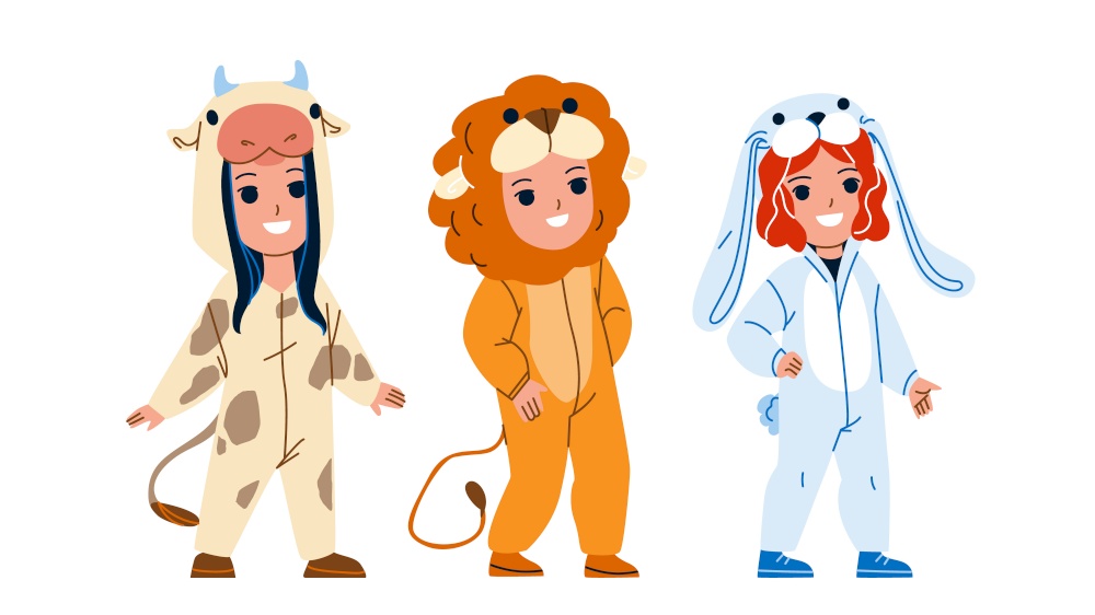 Kids Wearing Funny Animal Pajamas Together Vector. Children Boy And Girl In Cow, Lion And Bunny Cute Animal Pajamas Clothes. Characters In Stylish Clothing On Festival Flat Cartoon Illustration. Kids Wearing Funny Animal Pajamas Together Vector