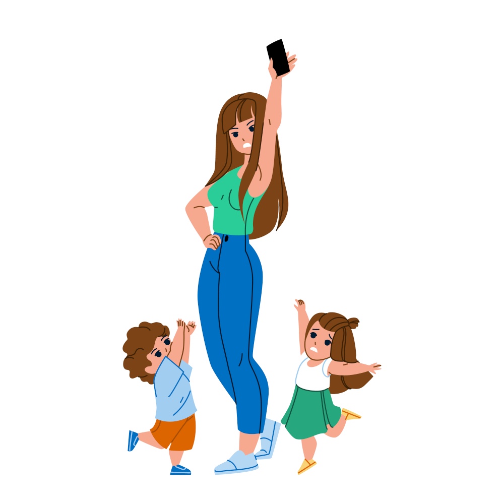 Children Gadget Addiction Modern Problem Vector. Kids Boy And Girl Crying And Wanting Smartphone, Mother Struggling With Gadget Addiction. Characters Electronic Device Flat Cartoon Illustration. Children Gadget Addiction Modern Problem Vector