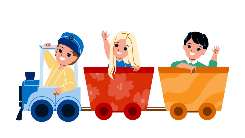 Kid Train Riding Children In Amusement Park Vector. Boy And Girl Ride In Kid Train Together, Funny Attraction. Characters Enjoying And Playing On Locomotive Flat Cartoon Illustration. Kid Train Riding Children In Amusement Park Vector