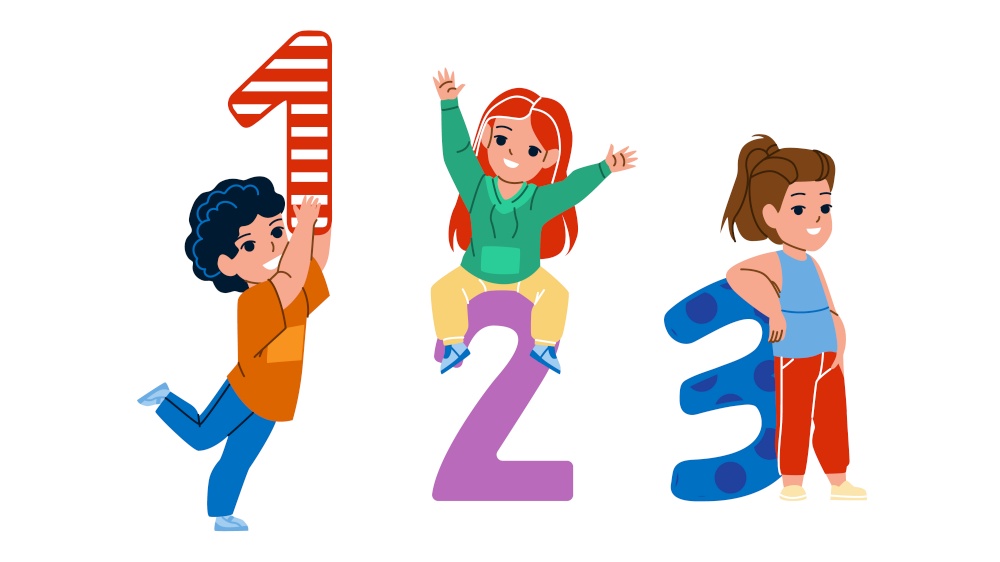 Kids Math Educational Lesson In School Vector. Children Boy And Girl Learning Math Education And Calculating Numbers. Characters Mathematics Studying Togetherness Flat Cartoon Illustration. Kids Math Educational Lesson In School Vector