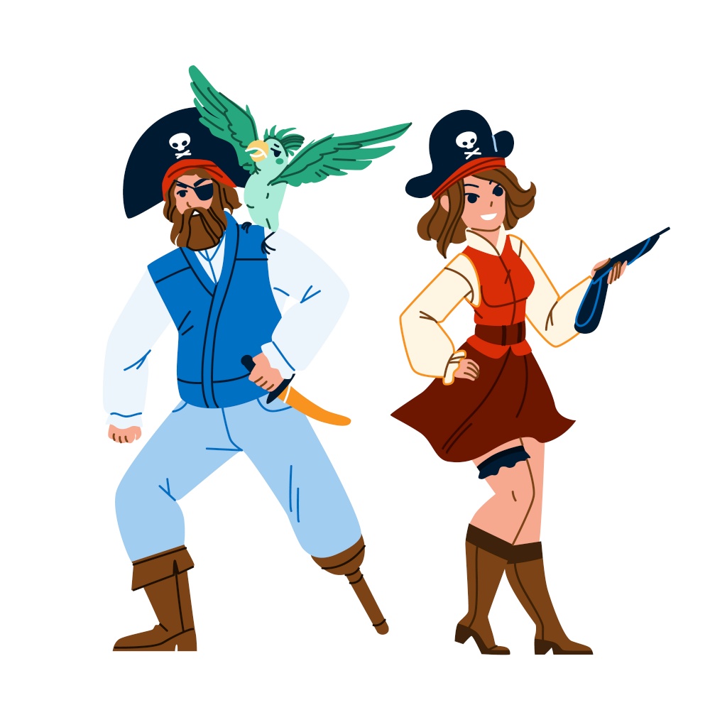 Man And Woman Pirate Standing Together Vector. Bearded Guy With Parrot Bird On Shoulder And Woman With Weapon Gun Wearing Pirate Hat And Costume. Characters Flat Cartoon Illustration. Man And Woman Pirate Standing Together Vector