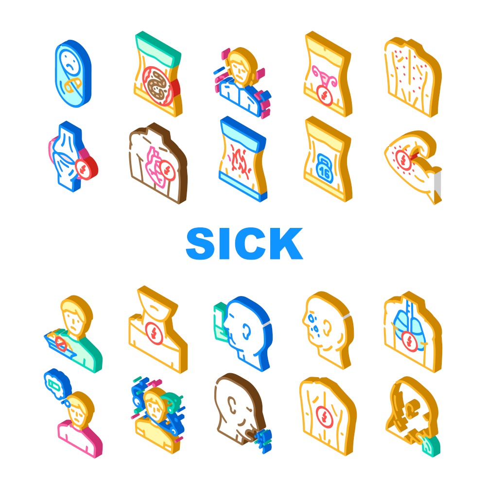 Sick Health Problem And Allergy Icons Set Vector. Children Pain And Backache Sick, Burning In Stomach Feeling Of Heaviness, Sore Throat And Disorientation Disease Isometric Sign Color Illustrations. Sick Health Problem And Allergy Icons Set Vector