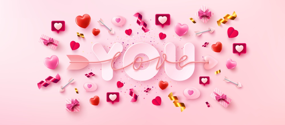 Love You Card or Banner with symbol of arrow love script over you word and valentine elements on pink background.Promotion and shopping template for love and Valentine&rsquo;s day in flat lay style.